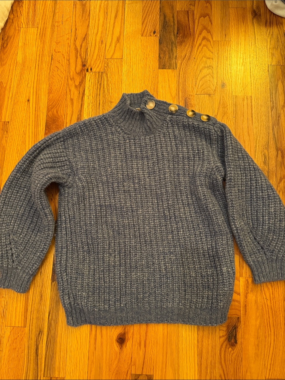Sezane Blue Button-Shoulder Ribbed Sweater